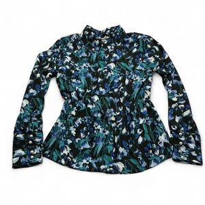 Karl Lagerfeld Black Blue Floral Button Down Blouse Pearl Button Sz Small